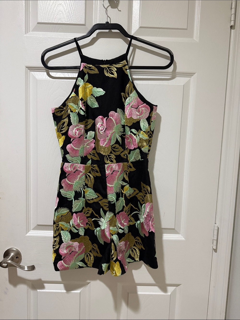 Women’s Girls' Black Floral Halter Romper in Pink & Green